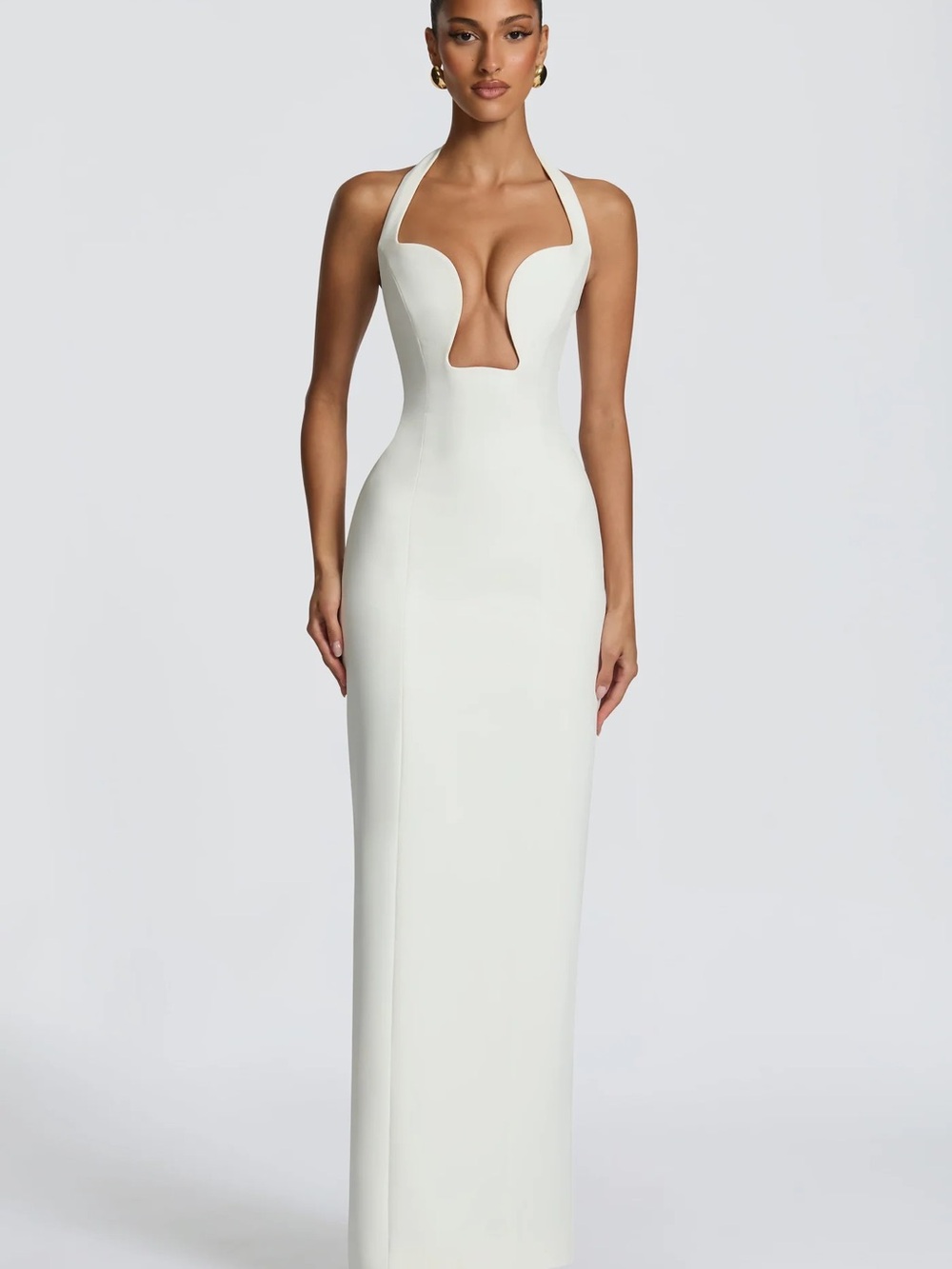 Strapless White Sculpted Gown with Plunge Cutout